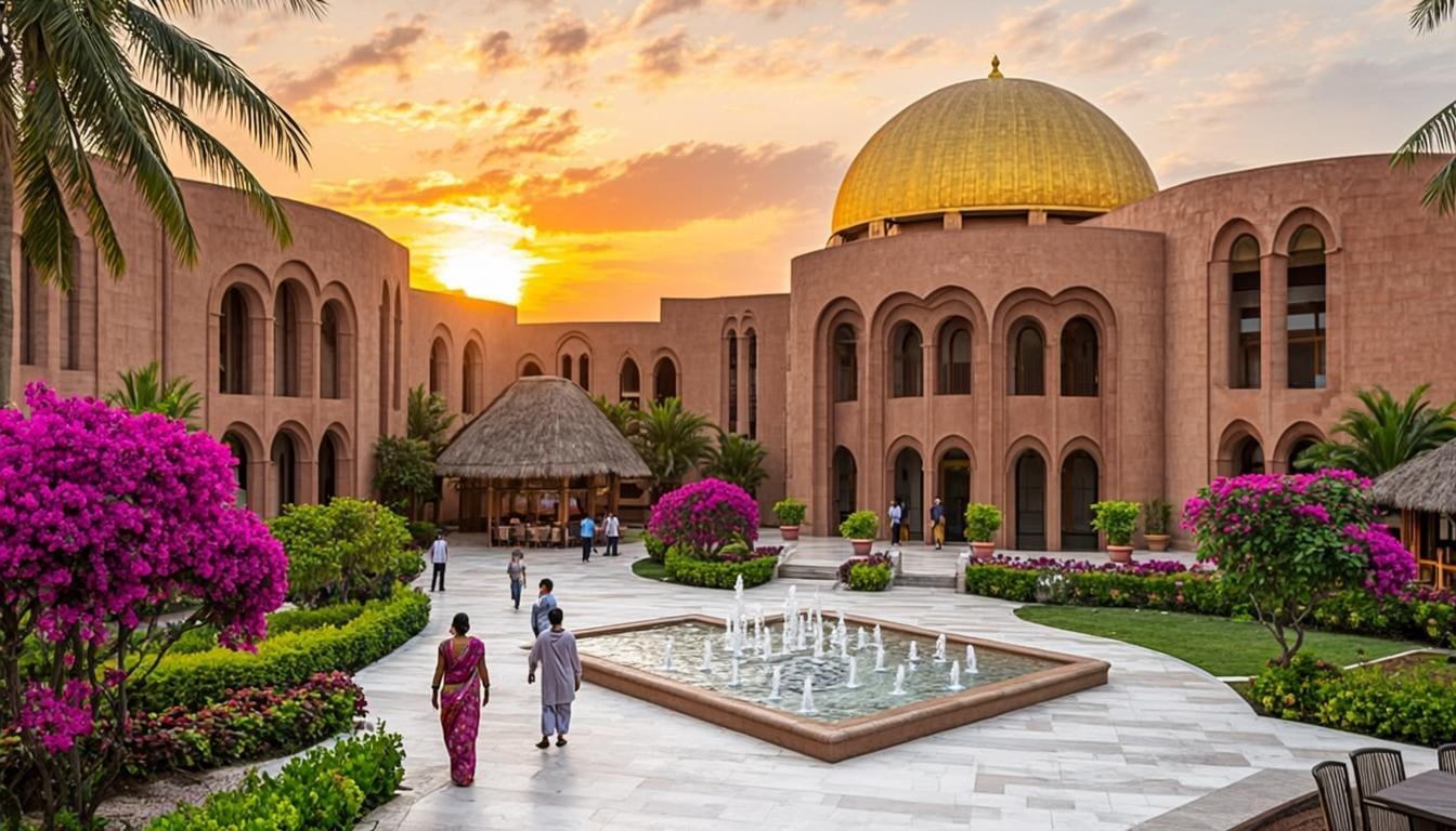 Résidence Serigne Mbacke — Compound architectural moorish avec dômes dorés, jardins de palmiers