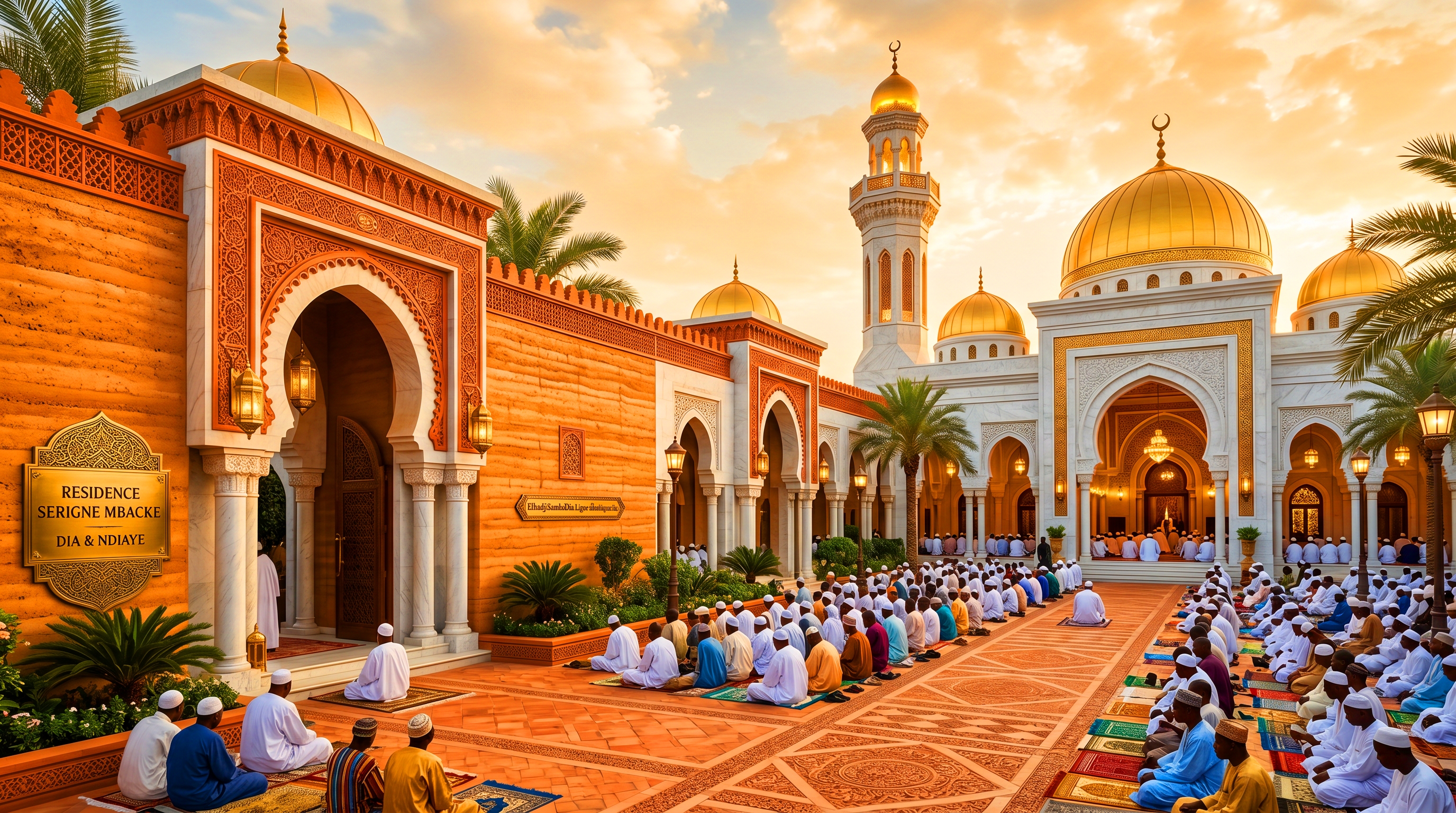 Résidence Serigne Mbacke Dia & Ndiaye — Grande mosquée avec dômes dorés et prière communautaire