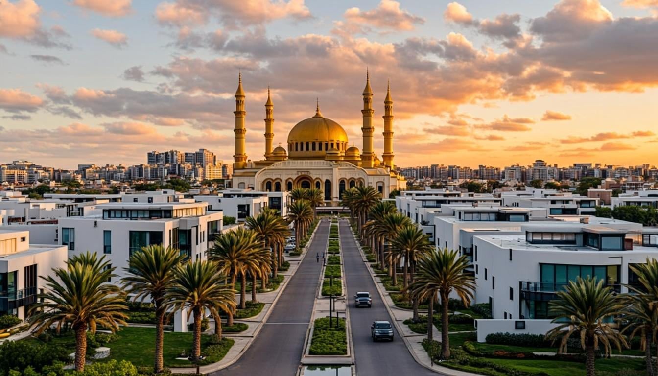 Paysage cinématique du Sénégal — Mosquée dorée et maisons modernes
