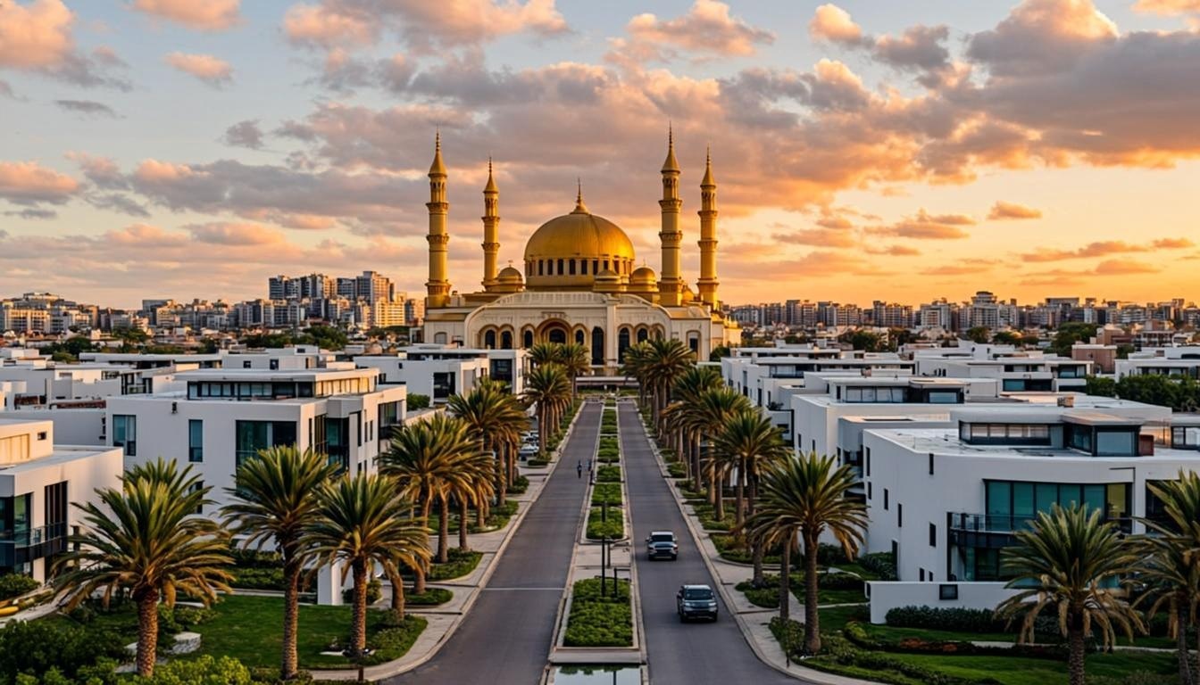 Paysage cinématique du Sénégal — mosquée aux dômes dorés, maisons modernes contemporaines avec façades blanches et accents moorish dorés, lumière divine au coucher du soleil